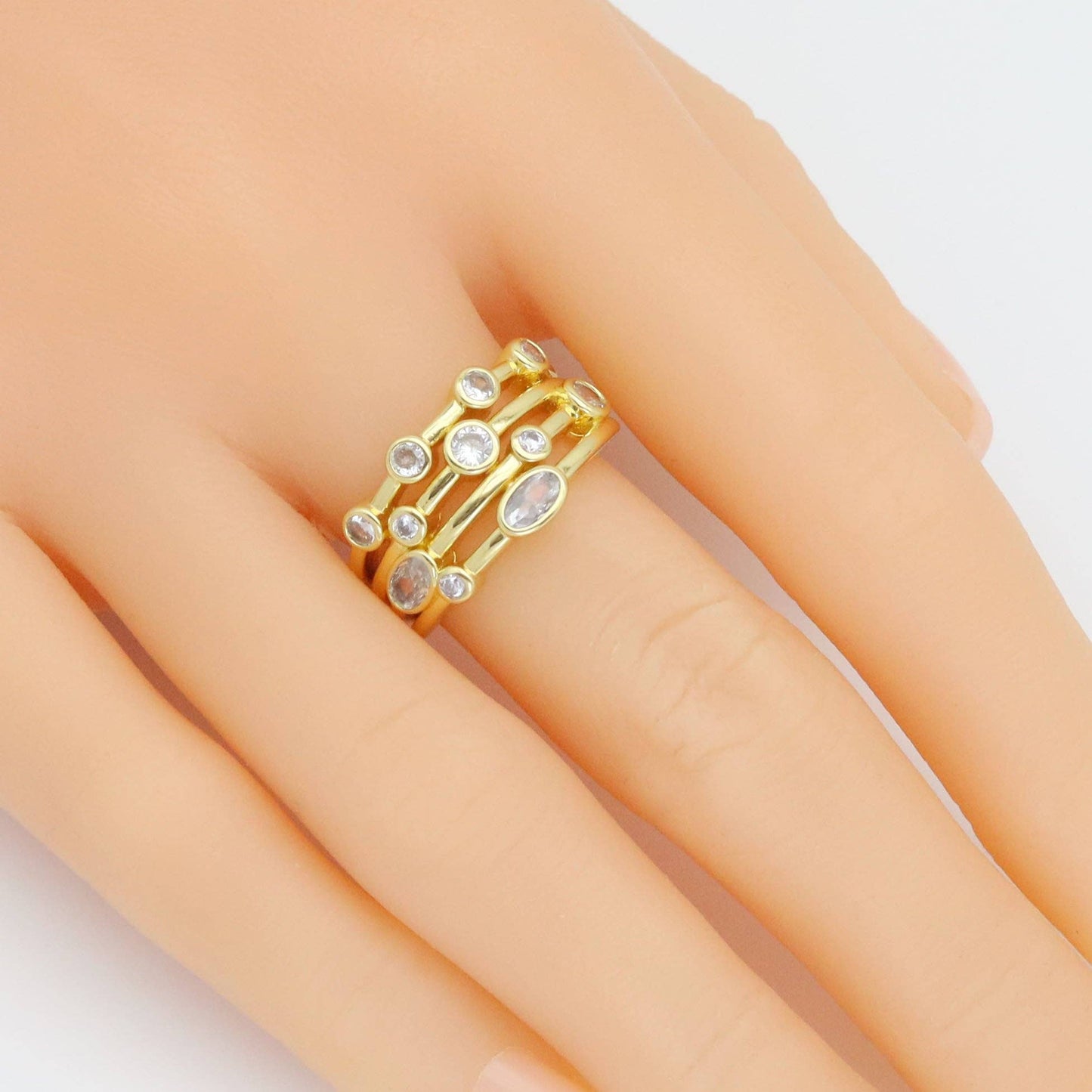 Gold Silver Oval CZ Multiline oval stone Adjustable Ring, Sku#A316
