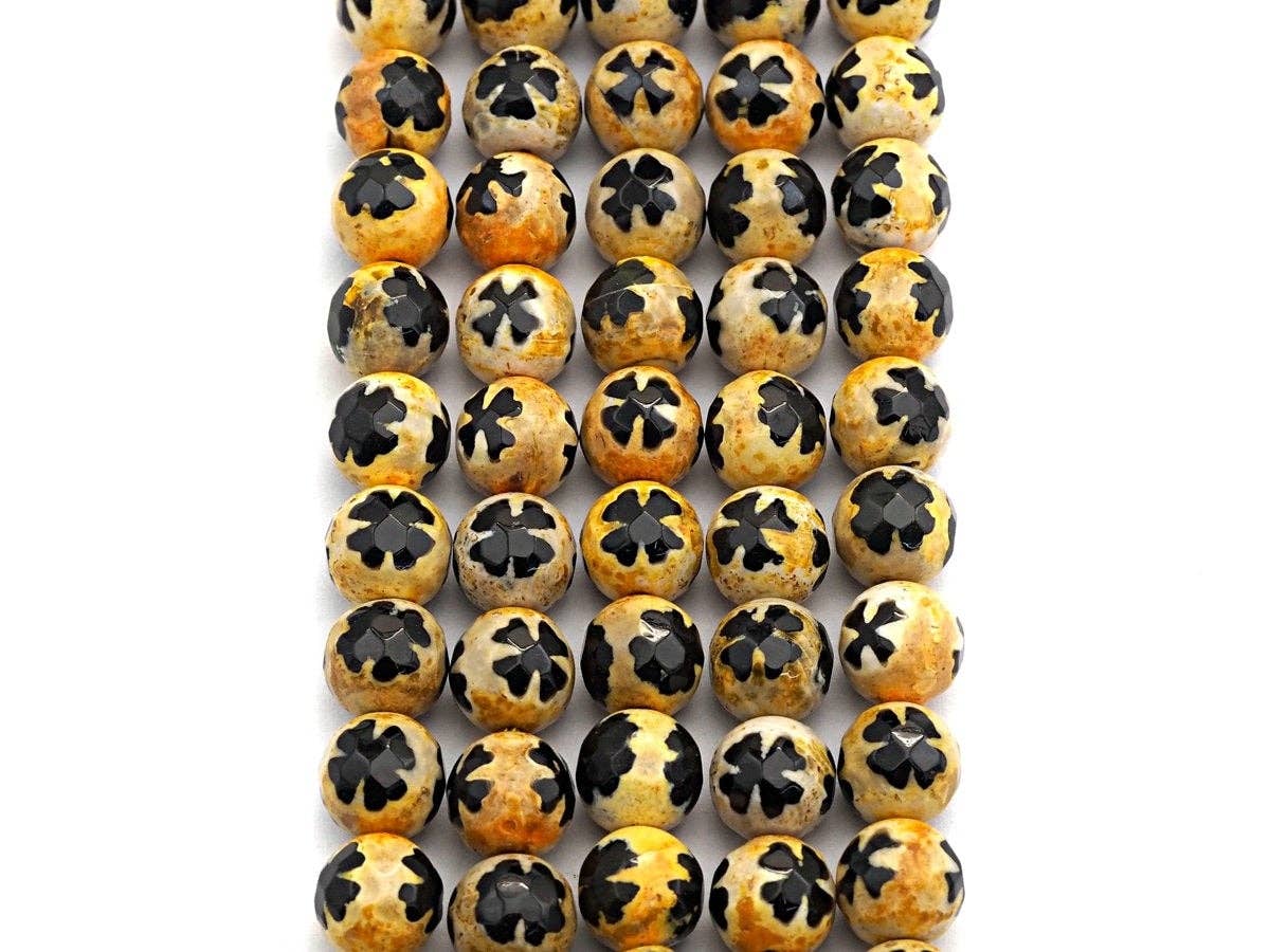 10mm Quality Dzi Black Yellow Aage with Flower Patten Beads, sku#U559c
