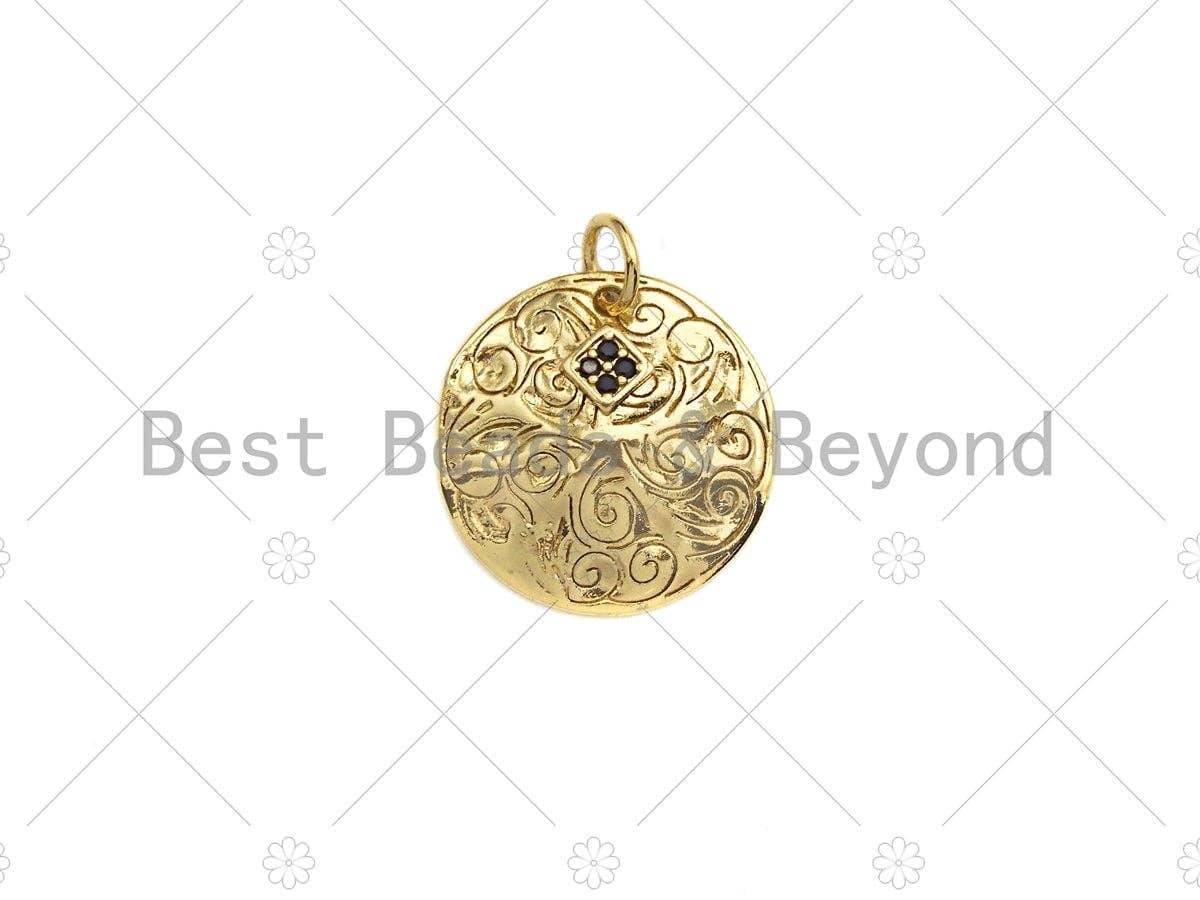 18K Gold Medallion Round Coin with Black Pave Flower Charm, Brass Medallion, Coin Charm, Pave Charm, 17mm, Sku#LK20