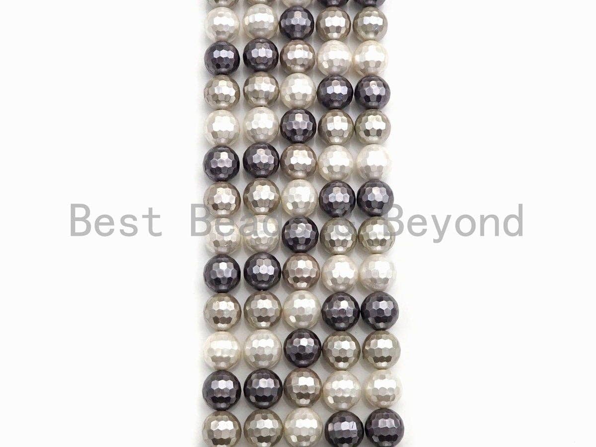 Natural Mother of Pearl White Black Gray Round Faceted beads, 8mm/10mm/12mm Mixed MOP Pearl Beads,15.5inch strand, SKU#T137