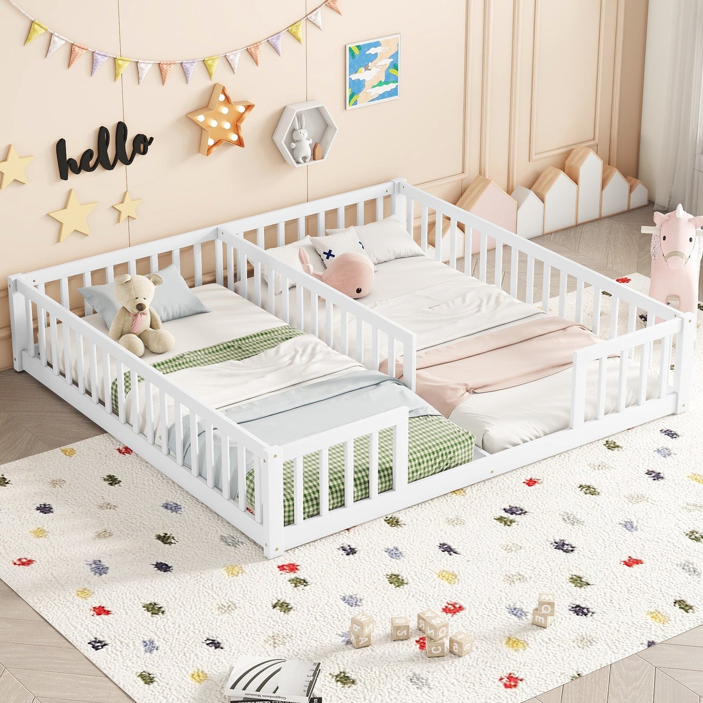 Double Twin Floor Bed with Fence, Guardrails, without Door