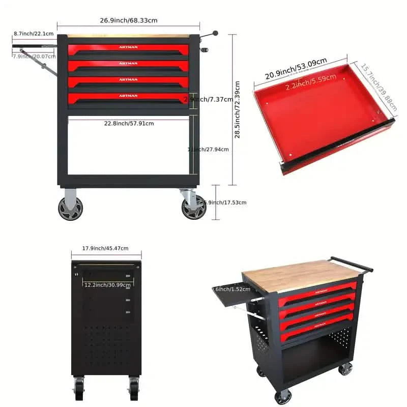 4 Drawers Multifunctional Tool Cart With Wheels And Wooden Top