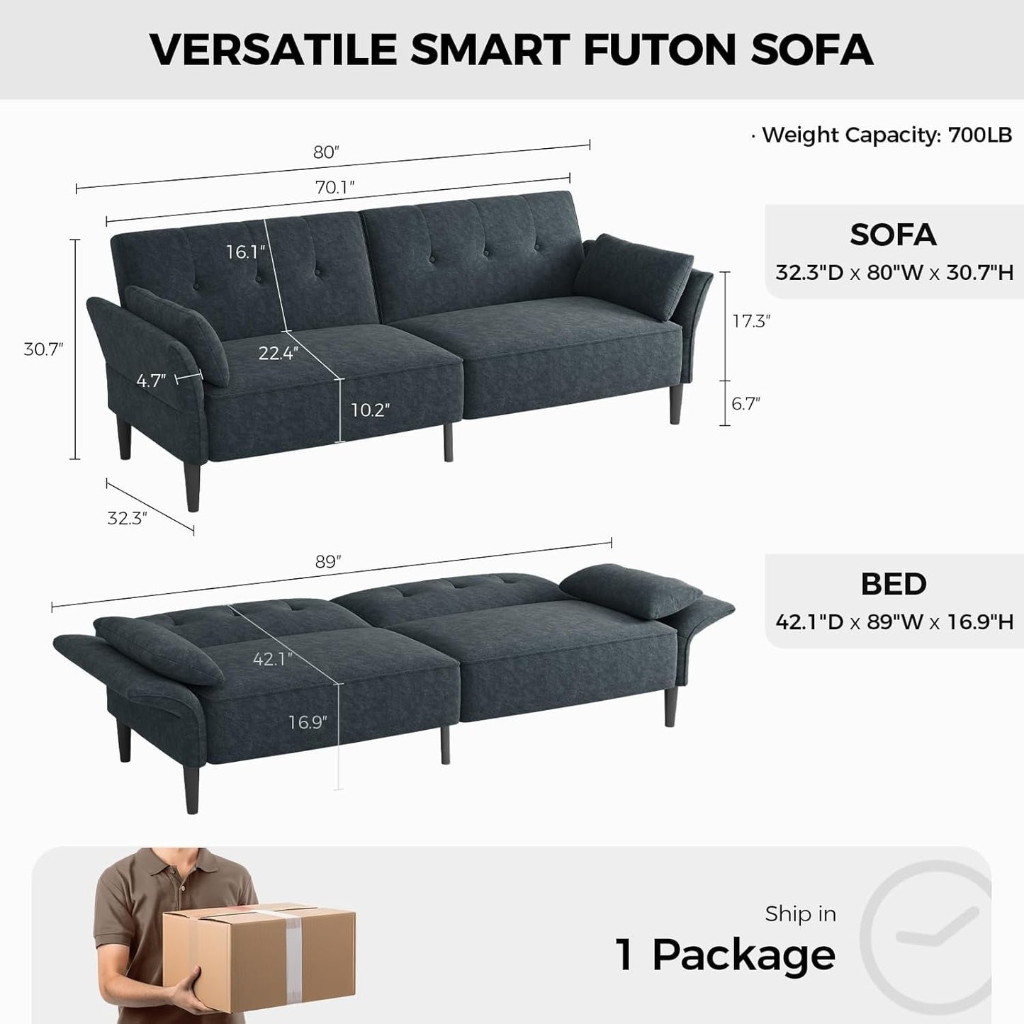 89 Inch Dark Gray Velvet Fabric Convertible SofaBed
