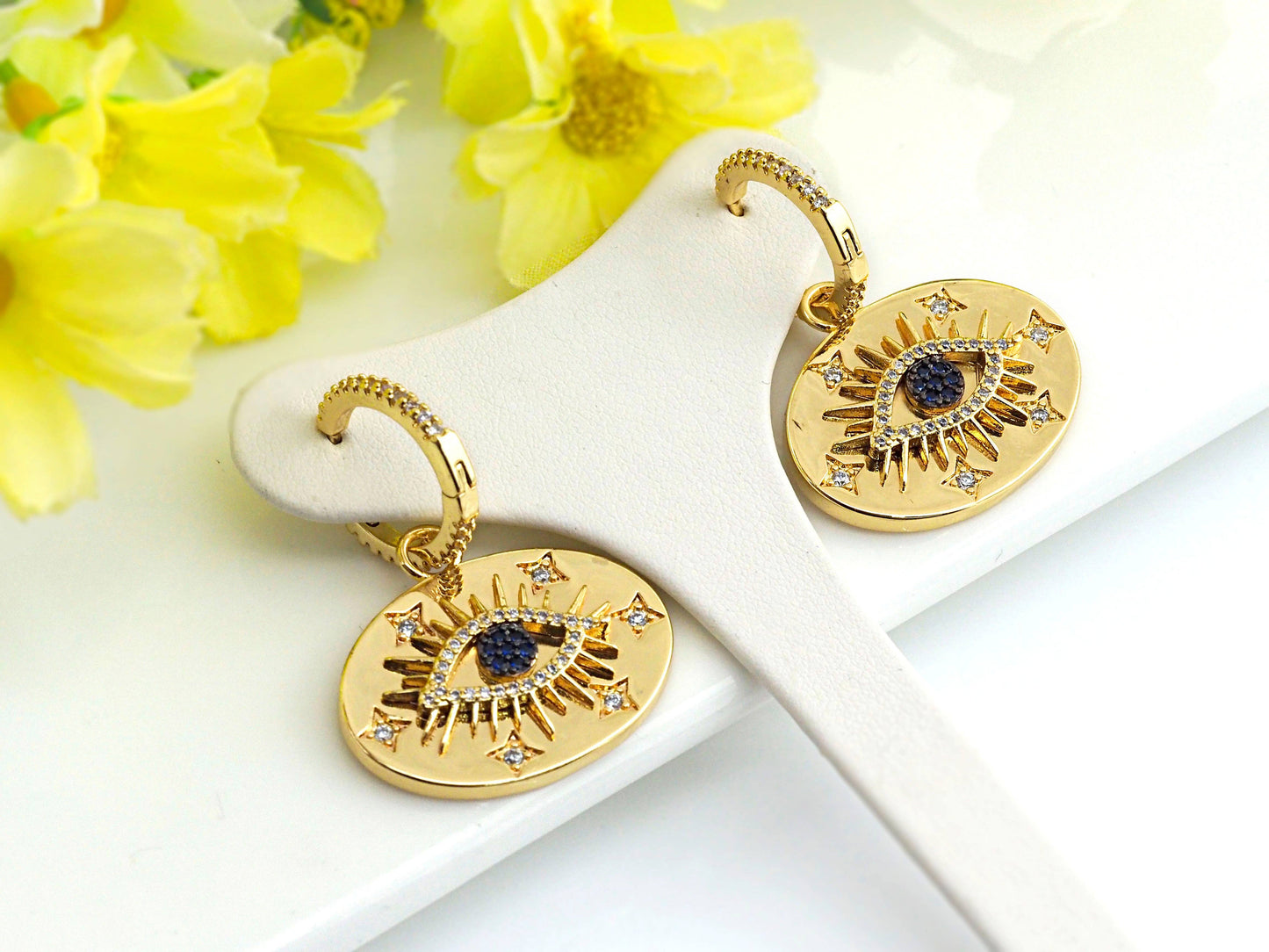 CZ Evil Eye Oval Hoop Earrings, Sku#J198