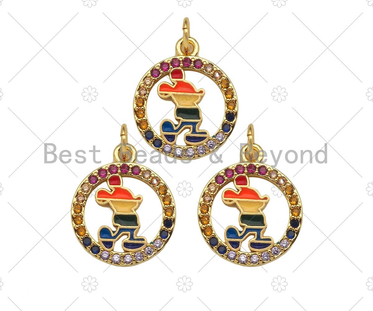 Colorful CZ Micro Pave Enamel Mickey On Round Ring Shape Pendant,Gold Colorful Enamel Charm, Necklace Bracelet Charm,14x17mm,Sku#JL35