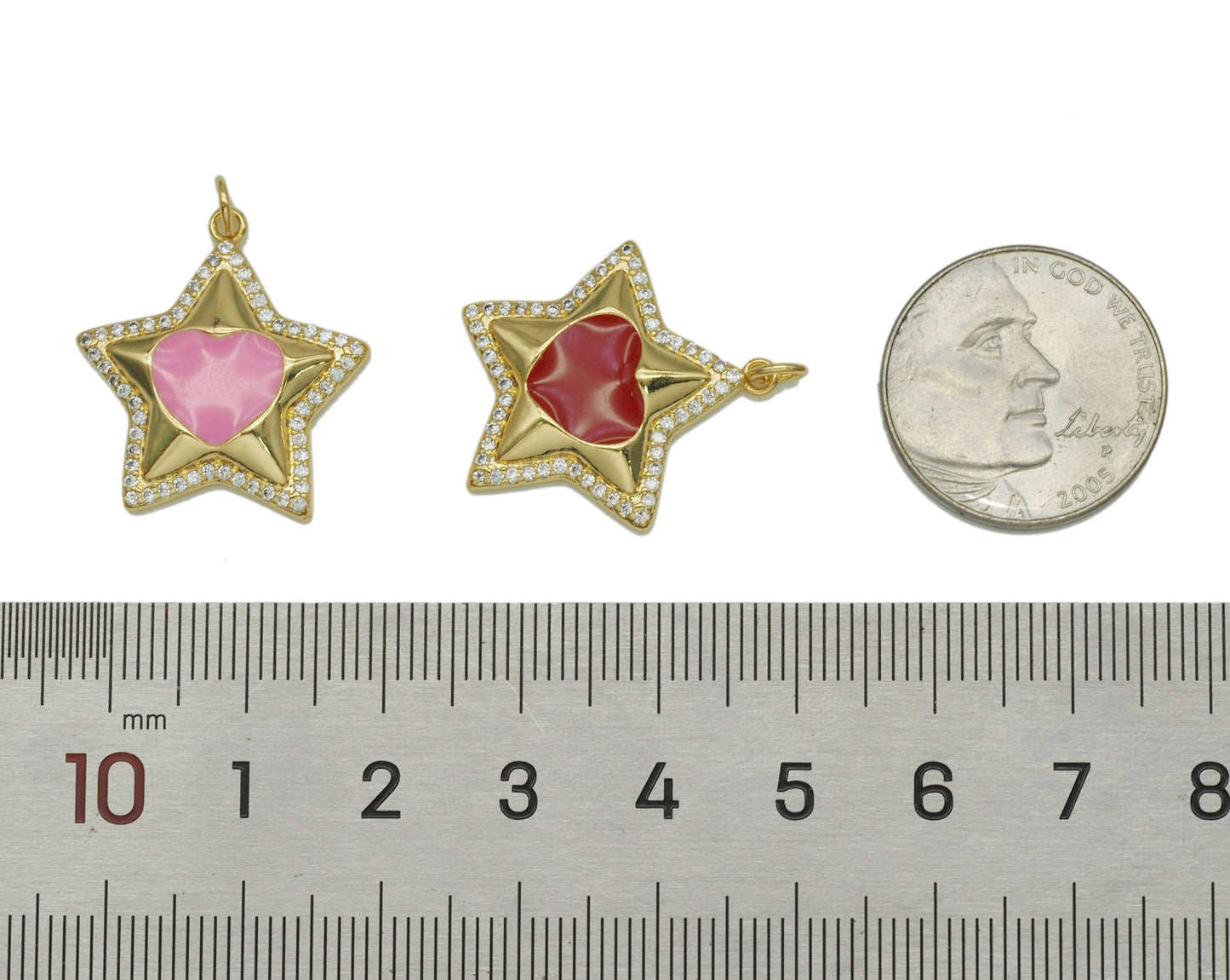 CZ Enamel Heart On Five Point Star Shape Pendant, Sku#Z1429
