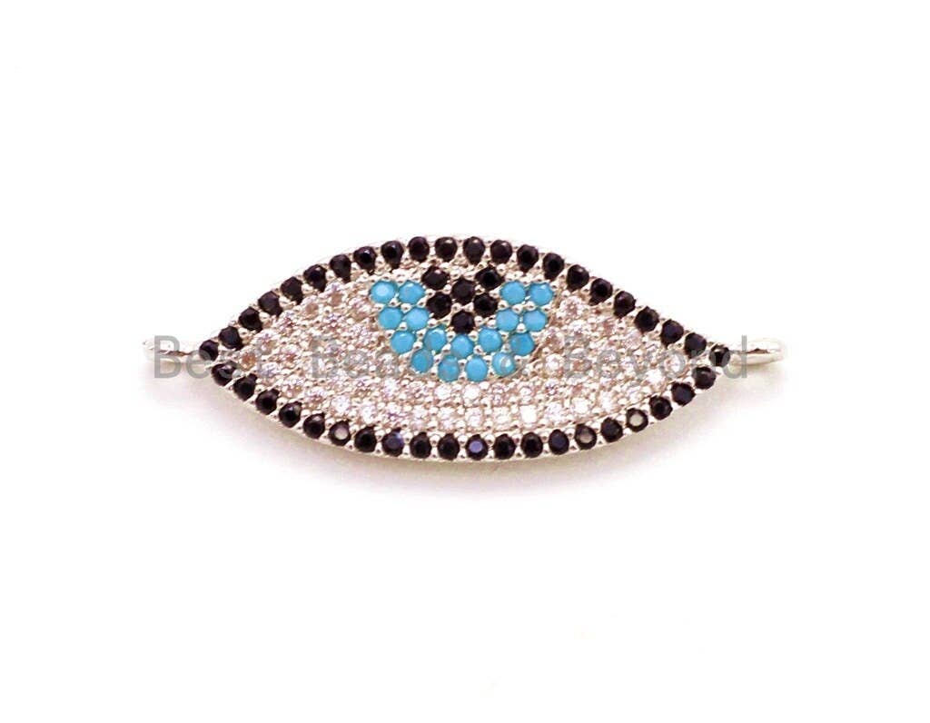 CZ Micro Pave Turquoise Evil Eyes Connector for Bracelet/Necklace, Cubic Zirconia Space Connector, 11x30mm,sku#E14C