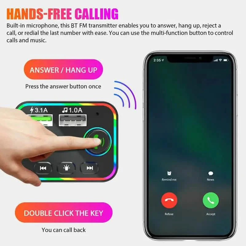 7色LEDバックライト Bluetooth FMトランスミッター＆デュアルUSBチャージャー