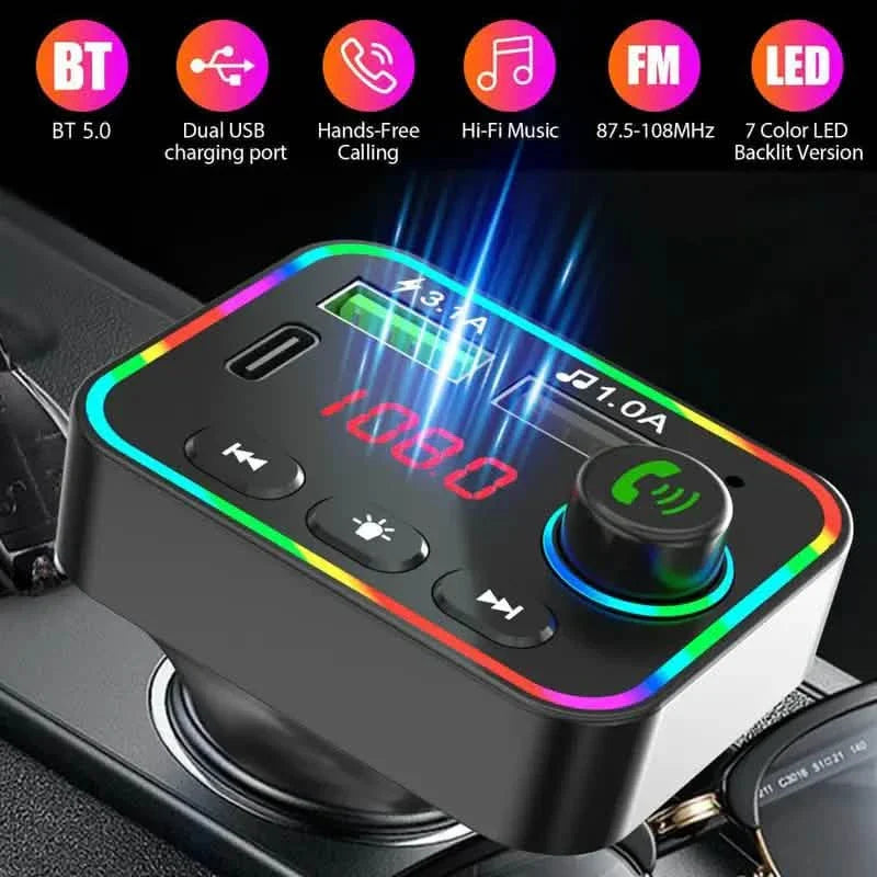 7色LEDバックライト Bluetooth FMトランスミッター＆デュアルUSBチャージャー