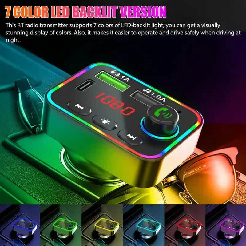 7色LEDバックライト Bluetooth FMトランスミッター＆デュアルUSBチャージャー