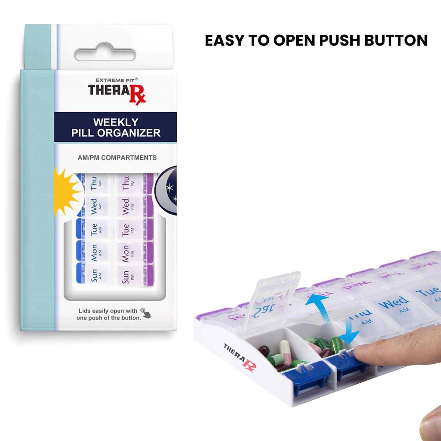 7-Day Push Button Pill, Medicine, Vitamin Organizer with AM/PM Large Compartments