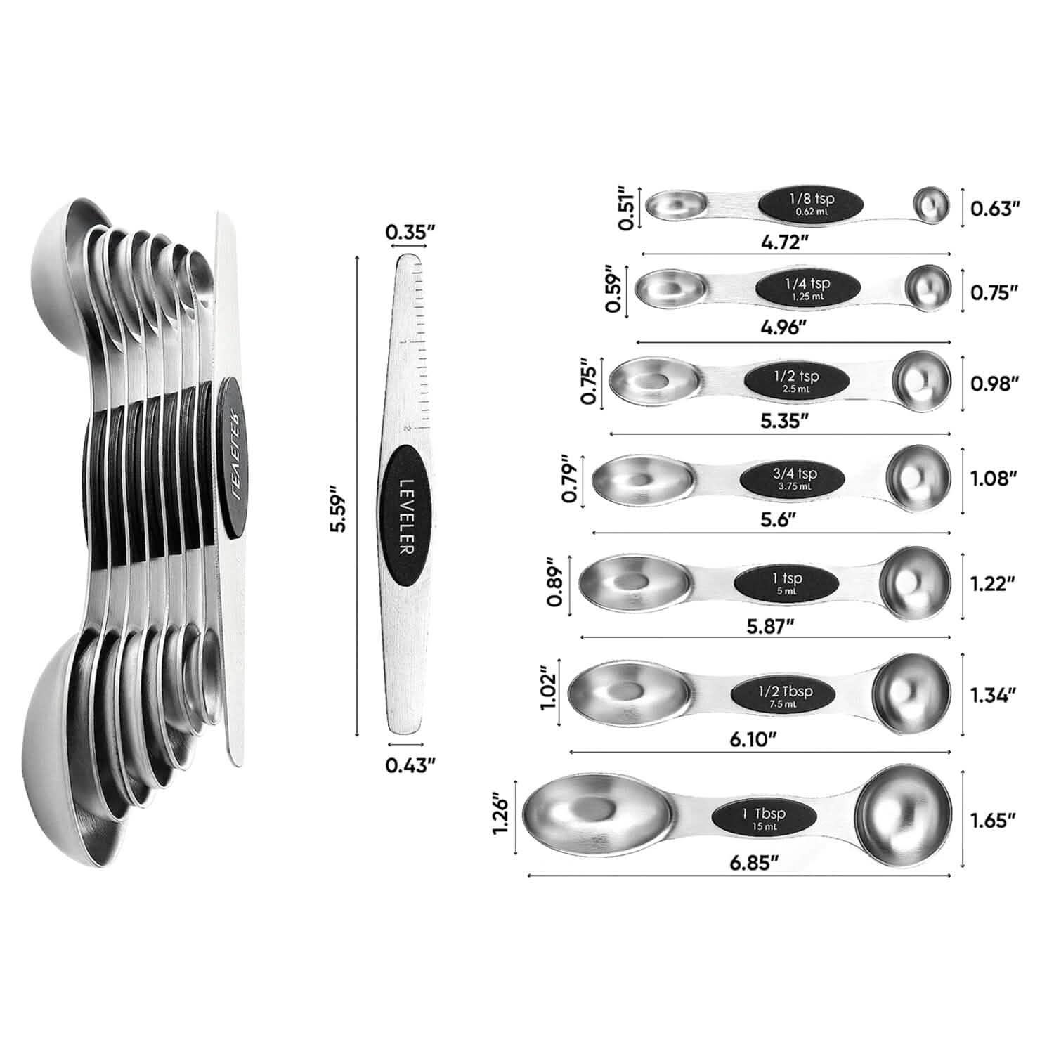 7 Pièces : Ensemble de cuillères doseuses magnétiques empilables double face avec raclette de nivellement