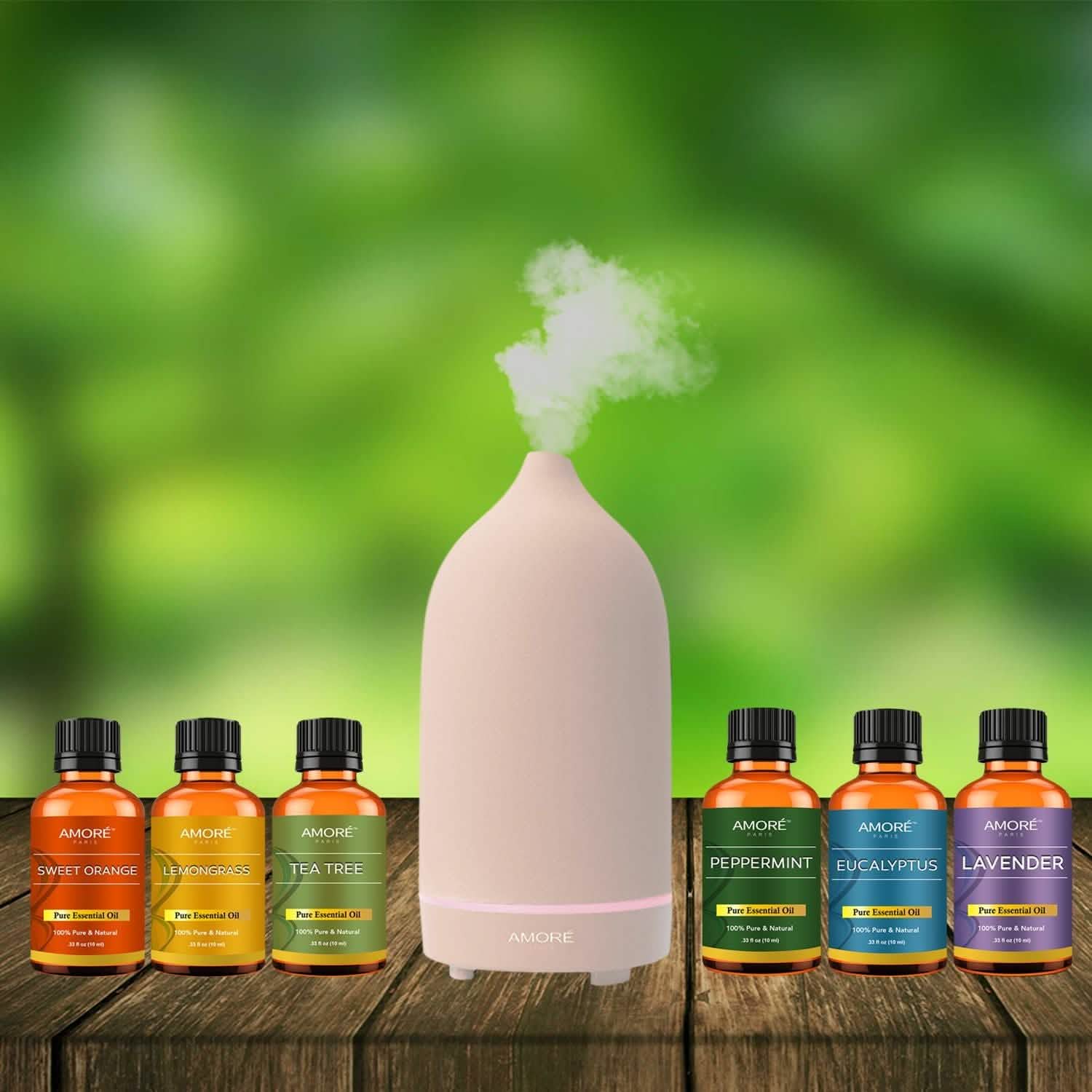 Ensemble de 7 pièces : Diffuseur d'huiles essentielles à ultrasons avec huiles essentielles