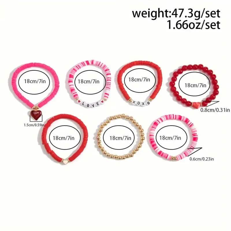 7-Pieces: Fashionable Cute Cartoon Love Heart Charms Pendant Bracelets