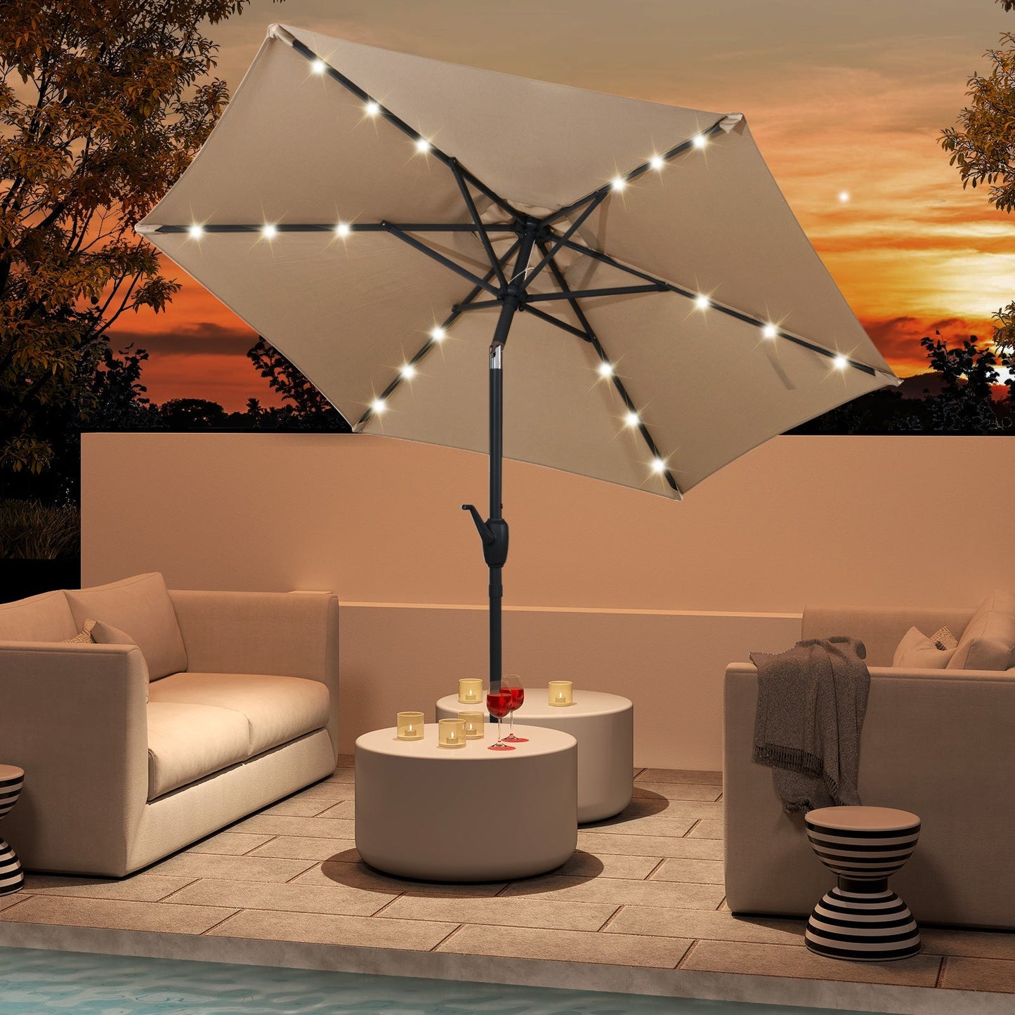 7.5 Feet Solar Powered Patio Umbrella with LED Lights and Crank Handle