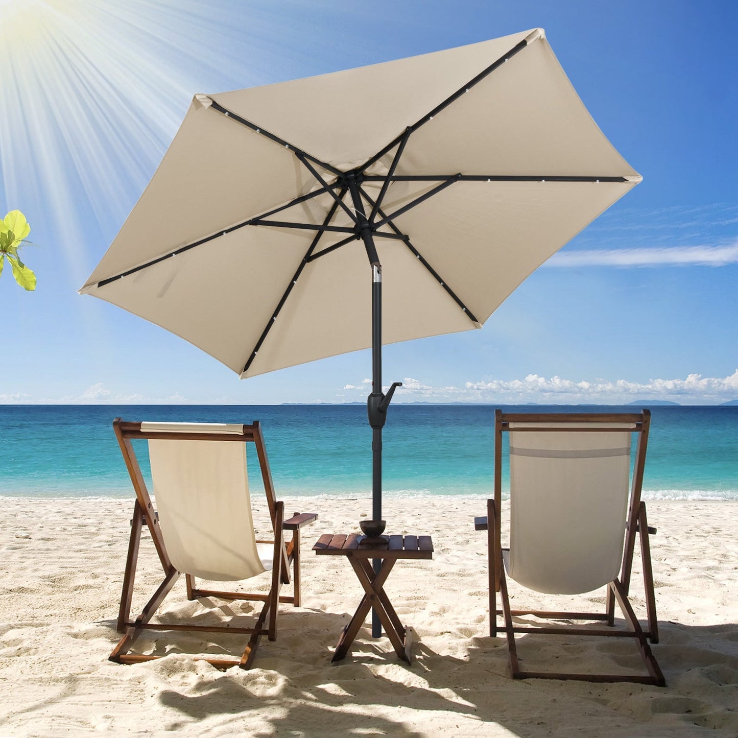 7.5 Feet Solar Powered Patio Umbrella with LED Lights and Crank Handle
