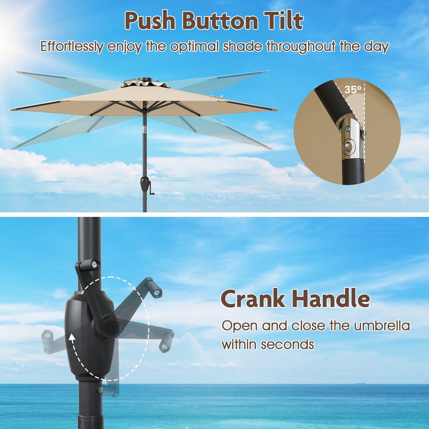 7.5 Feet Solar Powered Patio Umbrella with LED Lights and Crank Handle