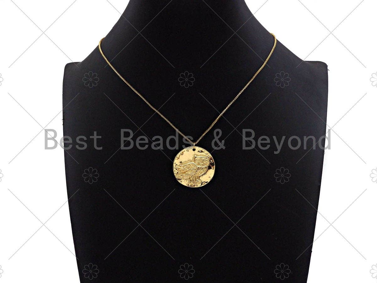 18k Dainty Gold Bird On Round Coin Shape Charms, Dainty Charms, Gold Pendant, Round Coin Necklace Charms, 29x19mm, Sku#LK185