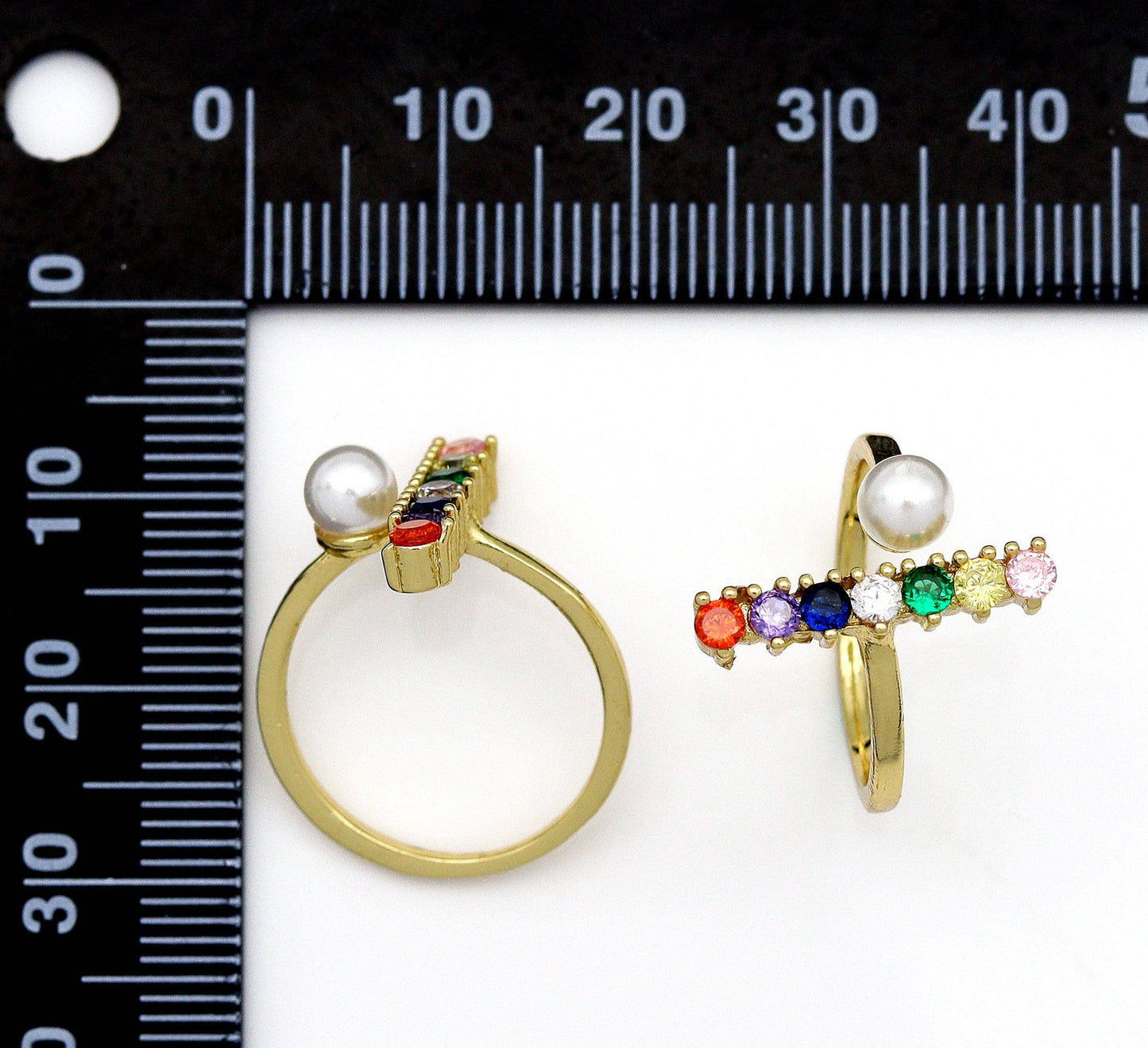 Colorful CZ Gold Bar Pearl Stackable Ring, Sku#JL139