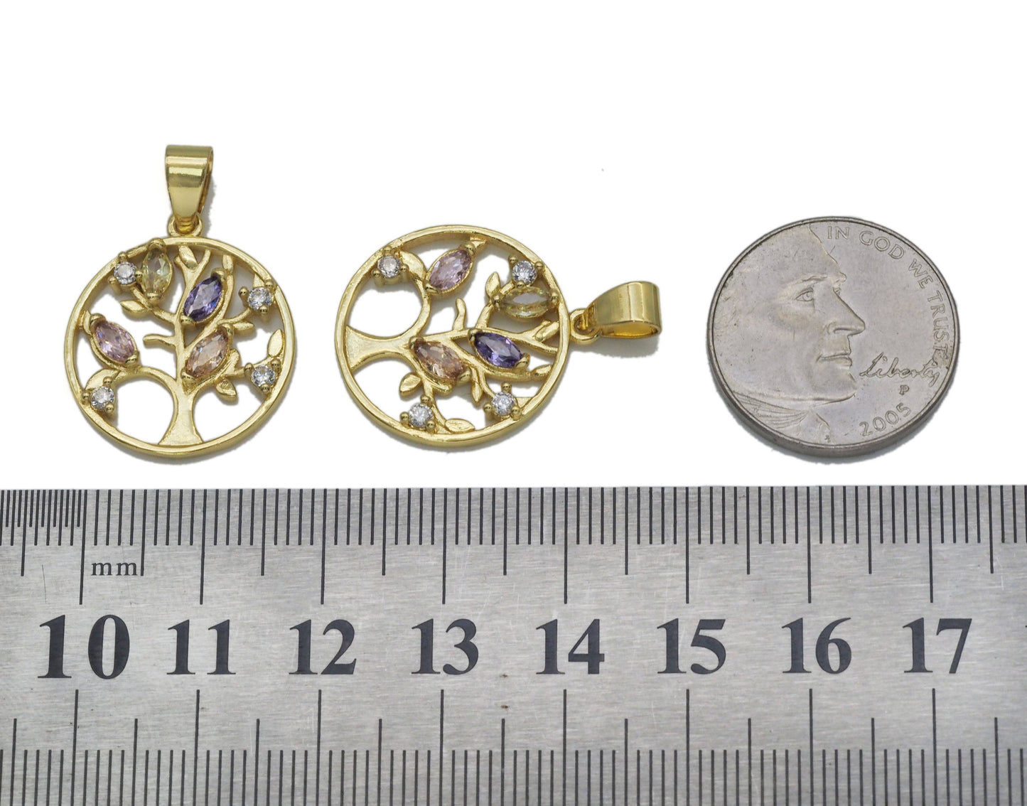 Gold Colorful CZ Life Tree On Round Ring Charm, Sku#JL126