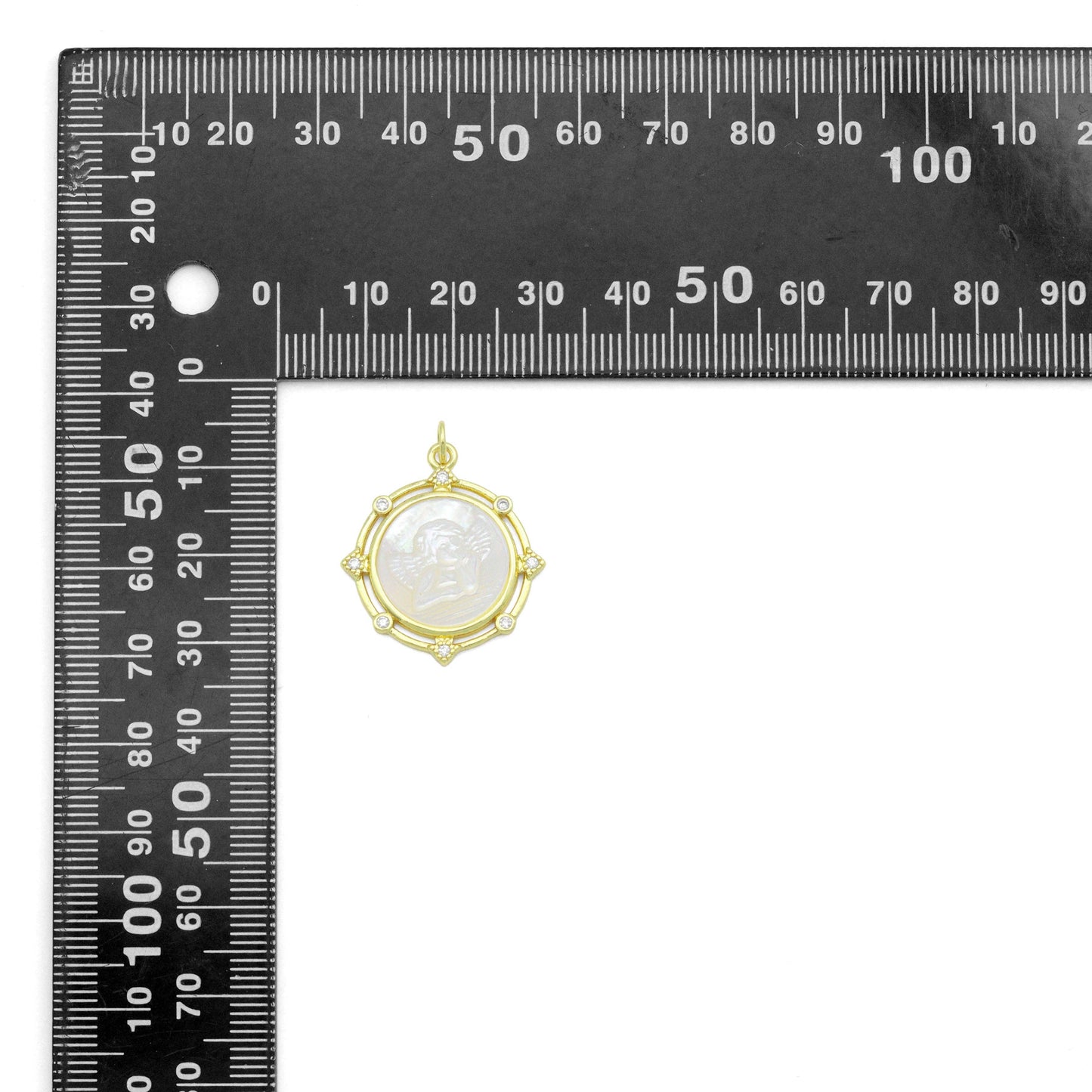 Clear CZ Angel On Round White Pearl Gold Charm Pendant, Sku#LX806