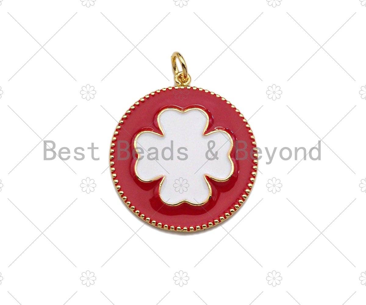 White Enamel Clover On Red Round Coin Pendant,CZ Micro Enamel pendant,Enamel Charm,Enamel Jewelry,24x27mm,sku#Z1214