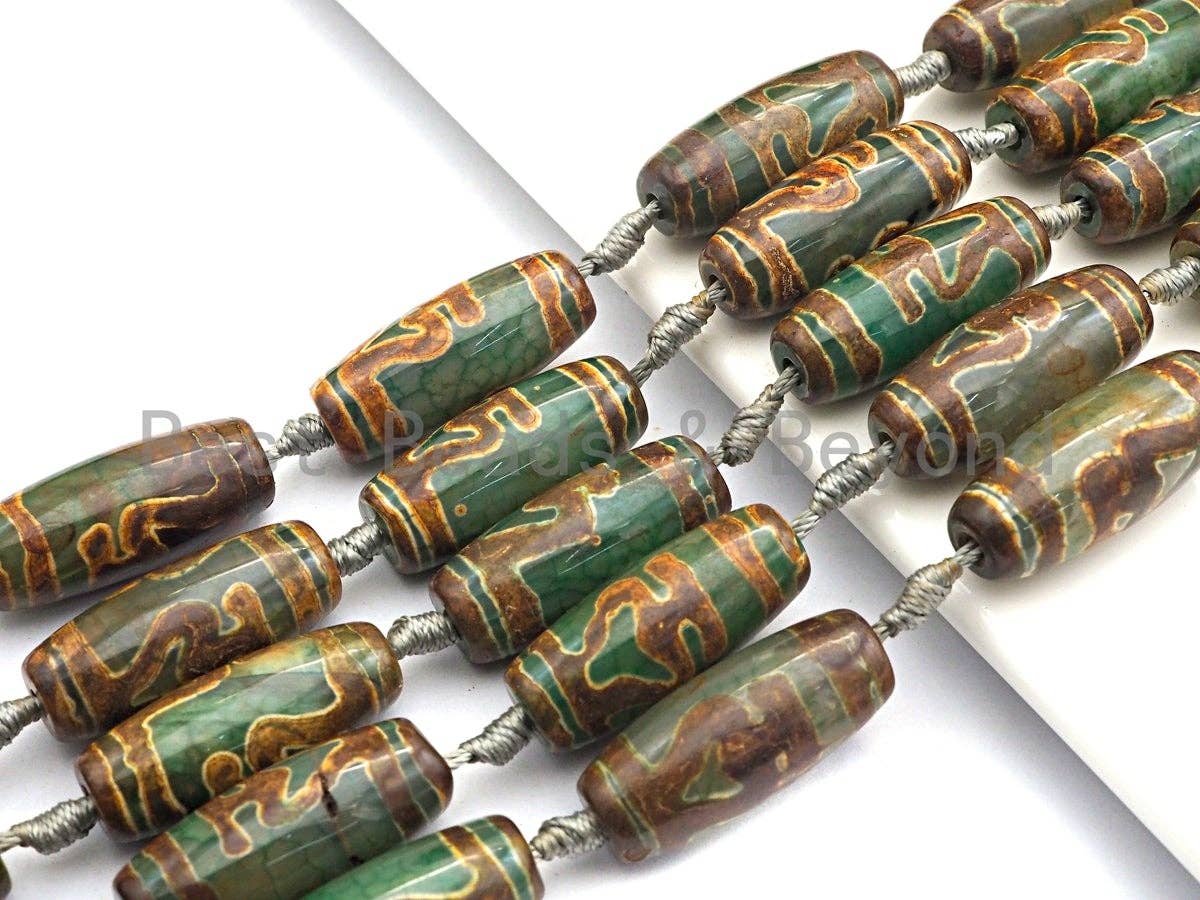 1pc/10pcs Natural Tibetan Agate Beads, Green Yellow Tibetan Long Oval Shape Beads, Dzi heart Agate Beads, 12x30mm, sku#U541