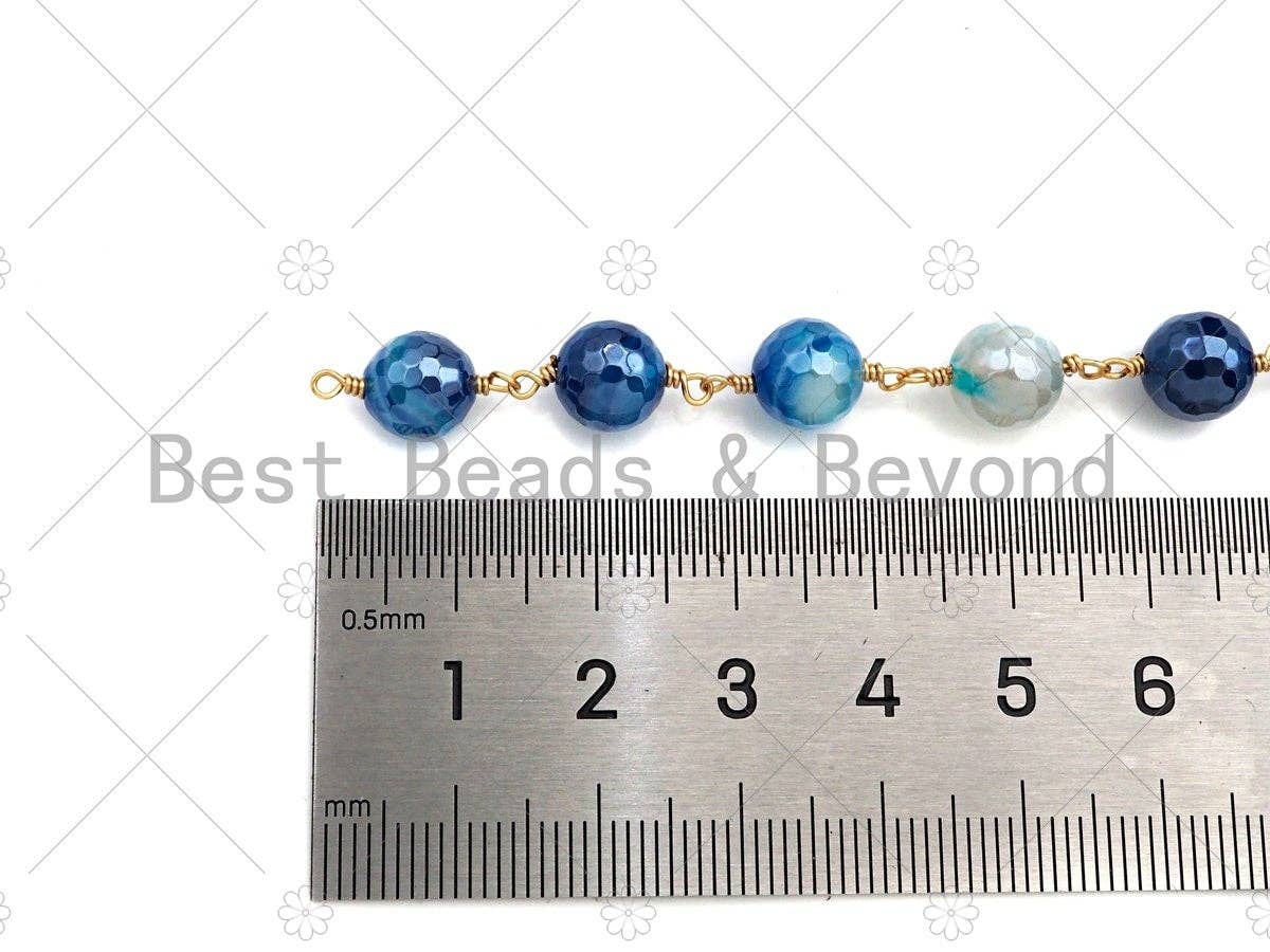 Mystic Agate Aqua Blue/Light Blue/Navy Blue Rosary Chain, 8mm Agate Beaded Chain, Wire Wrapped Gold Chain,Sku#V83
