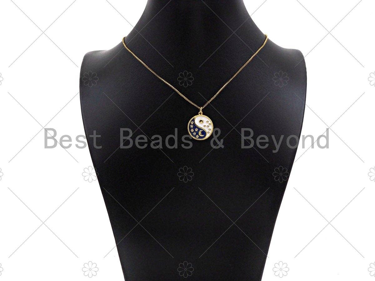 Enamel Cobalt White Yin Yang Pendant,Moon Star Sun Gold/Silver Pendant,Religious Enamel Jewelry,19x21mm,Sku#B129