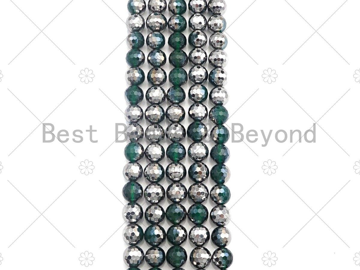 Top Quality Half Silver Plated Green Agate Beads, 8mm/10mm/12mm Round Faceted Green Agate beads, 15.5" Full Strand, sku#UA96
