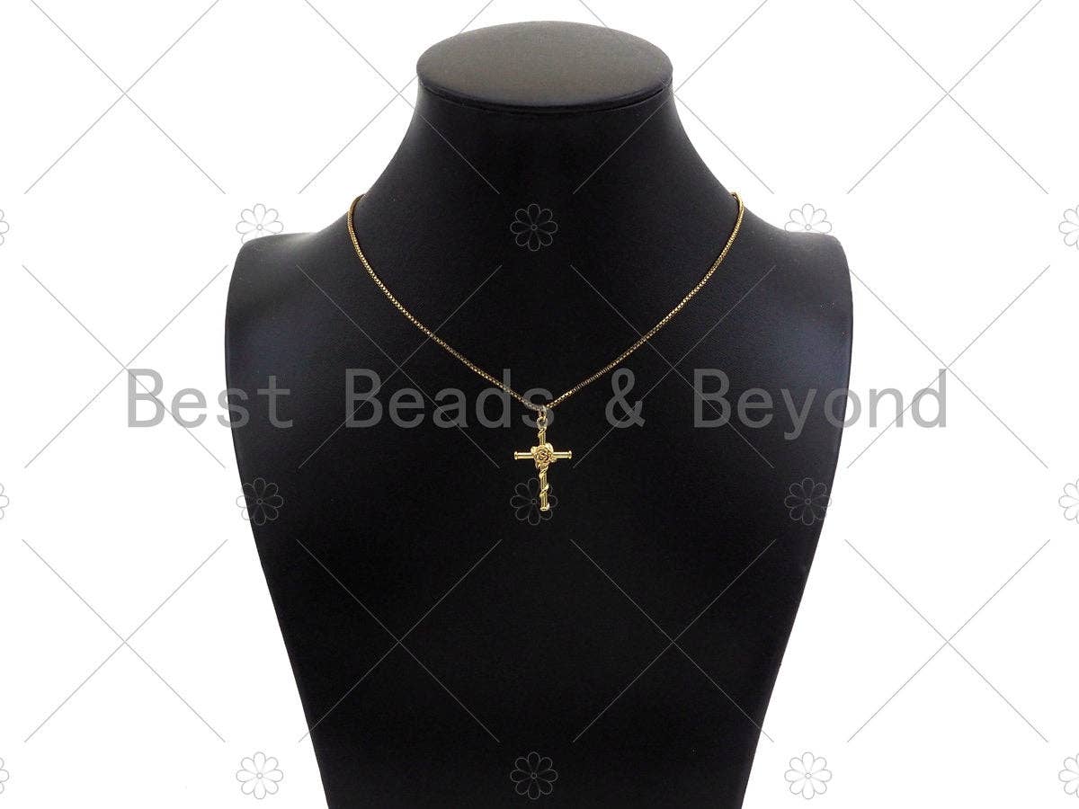 Gold Filled Rose Flower On Cross Shape Pendant, 18K Gold Filled Rose Cross Charm, Necklace Bracelet Charm Pendant, 16x26mm, Sku#Y439