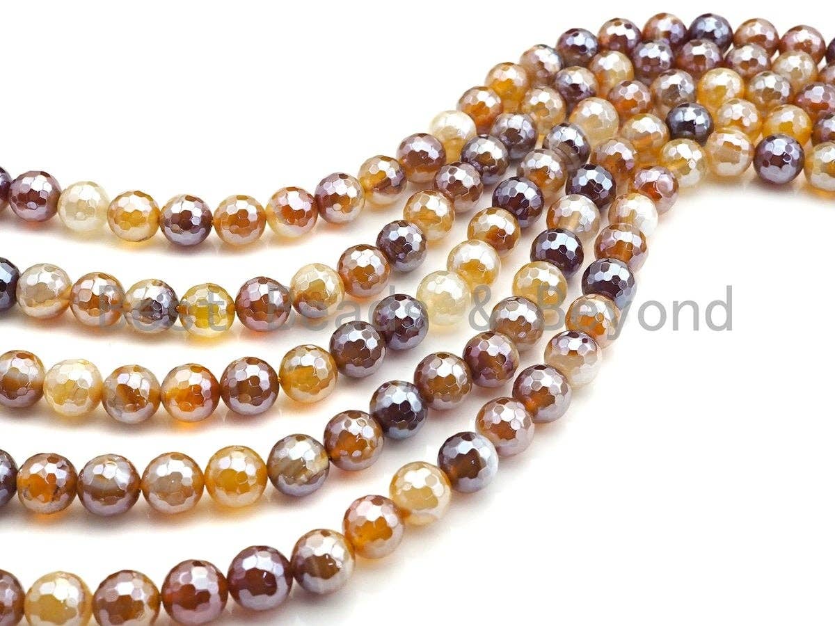 Mystic Plated Faceted Agate Beads, 6mm/8mm/10mm, Plated Champagne Brown Banded Agate Beads,15.5" Full Strand, SKU#UA79