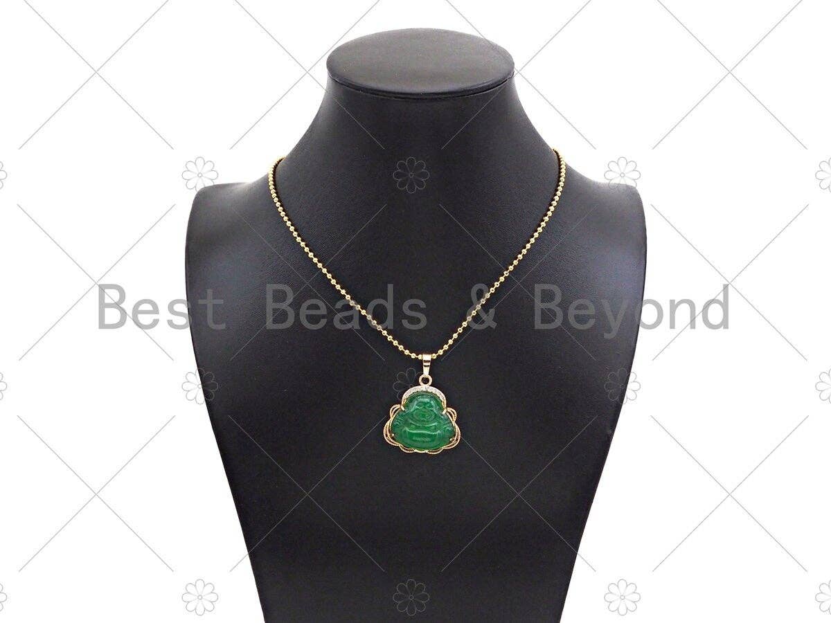 Green Jade Laughting Buddha CZ Pendant, Religious Buddhism Dainty Gold Pendant, Jadite Necklace Bracelet Pendant Charm,29x28mm, Sku#U1153