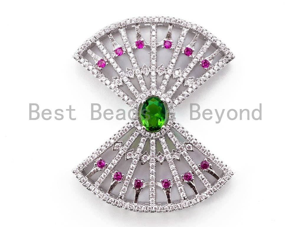 CZ Micro Pave Bow Tassel Head with Green/Red/Cobalt Gemstone in Center, Pendant/Link Connector, 41x35mm, SKU#L206