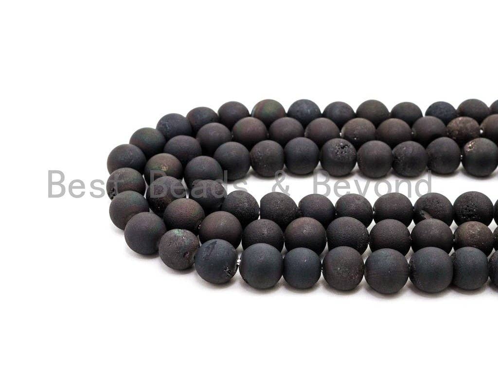 Druzy Black Plated Agate beads Strand, 6mm/8mm/10mm/12mm/14mm Round Smooth Matte Black beads, Natural Agate Beads, 15.5inch strand, SKU#U121