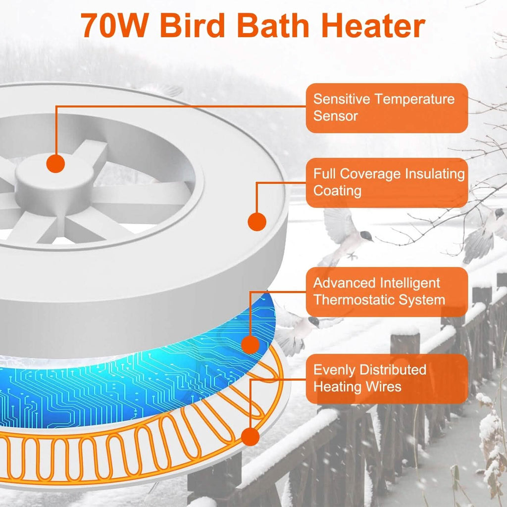 Chauffe-eau 70W en alliage d'aluminium pour bain d'oiseaux avec thermostat et arrêt automatique