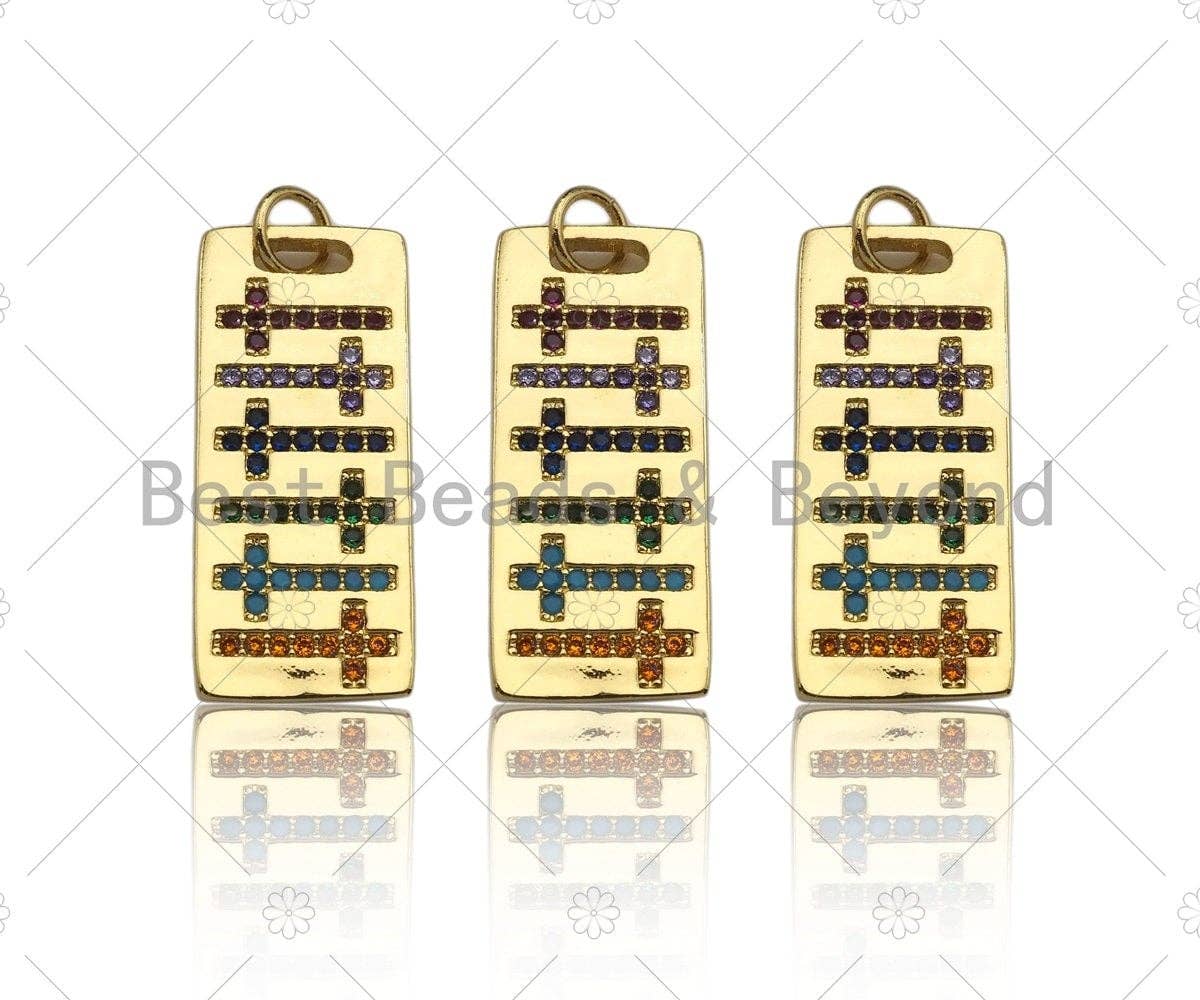 Colorful CZ Micro Pave Cross On Rectangle Shape Pendant, Cubic Zirconia Rectangle Pendant, Gold Tone Pendant, 10x24mm, sku#LK179