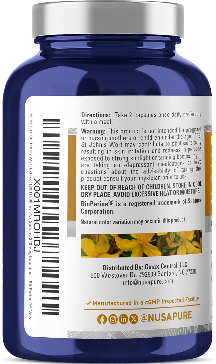 NusaPure St. John's Wort 20:1 Extract, 300 mg 240 Veggie Capsules (Vegetarian, Non-GMO & Vegan) Bioperine