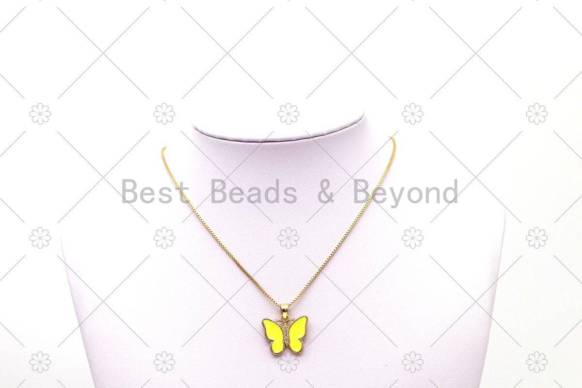 CZ Micro Pave Enamel Colorful Butterfly with Rose flower on Back Side Shape Pendant, 18K Gold FilledButterfly Charm,Sku#FH182