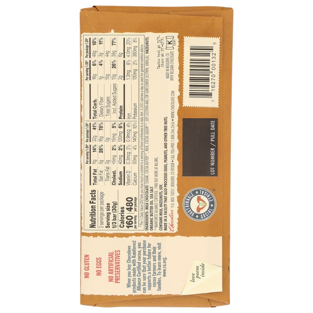 CHOCOLOVE: Hazelnuts In Milk Chocolate Bar, 3.2 oz