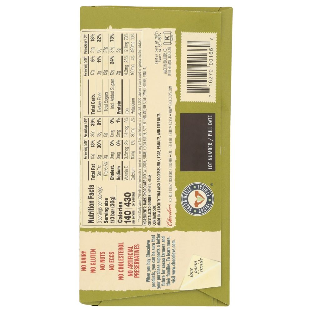 CHOCOLOVE: Dark Chocolate Bar Crystallized Ginger, 3.2 oz
