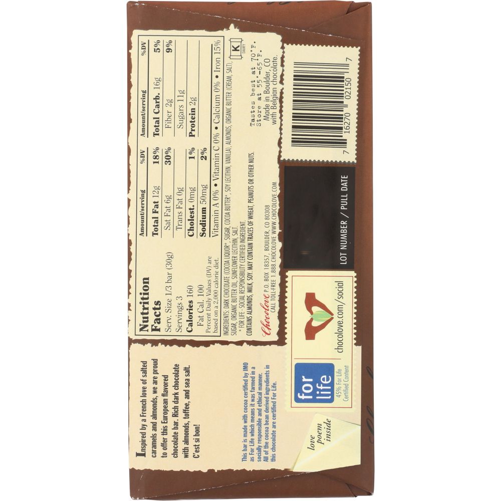CHOCOLOVE: Almonds Toffee & Sea Salt in Dark Chocolate, 3.2 oz
