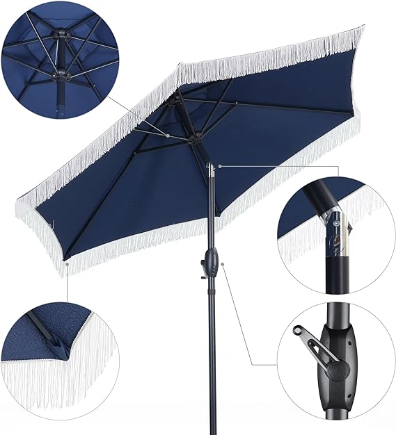 Ainfox 7.5ft Boho Patio Umbrella with Fringe, Outdoor Tassel Umbrella, Waterproof Sun Protection Umbrella