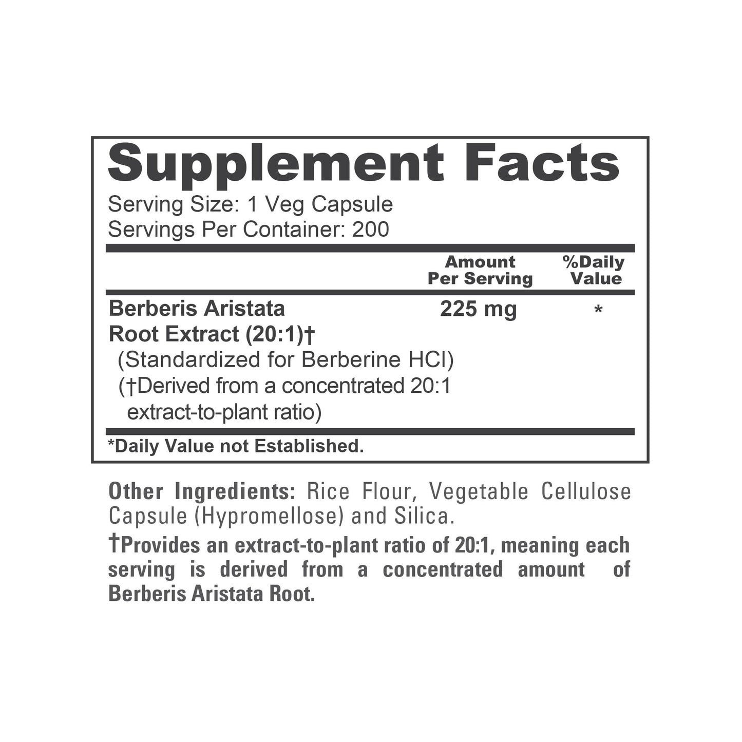 NusaPure Berberine HCI 20:1 Extract, 225 mg - 200 Veggie Caps - (Vegetarian, Non-GMO, Vegan)