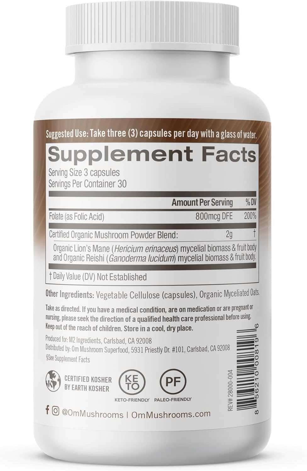 OM ORGANIC MUSHROOM NUTRITION: Brain Fuel Lions Mane Folate, 90 vc