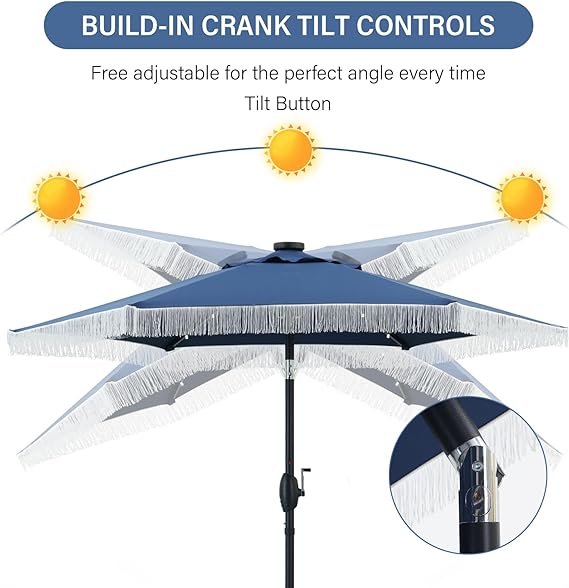 Ainfox 7.5ft Boho Fringe Patio Umbrella with Solar LED Lights, UV Protected Outdoor Umbrella