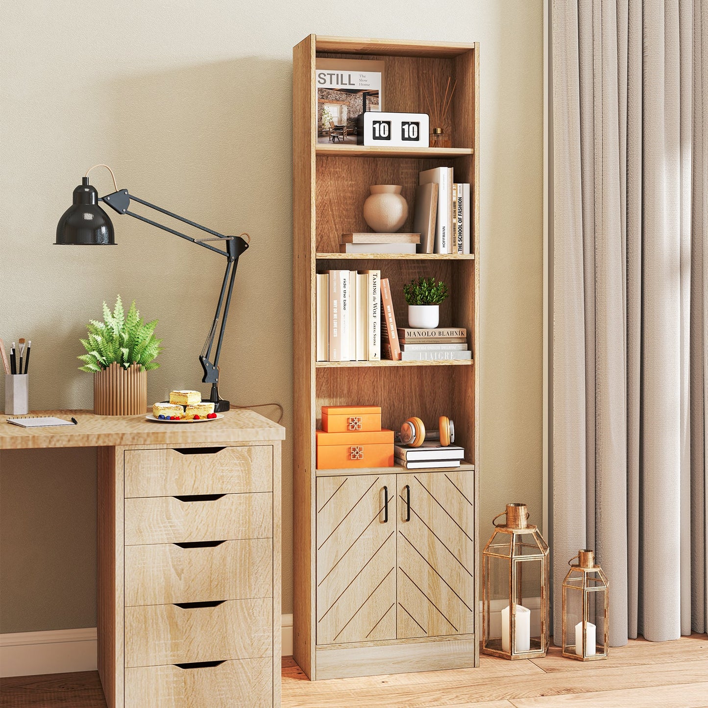 71 Inch 6-Tier Tall Bookshelf with Double Doors 4 Open Cubes-Oak
