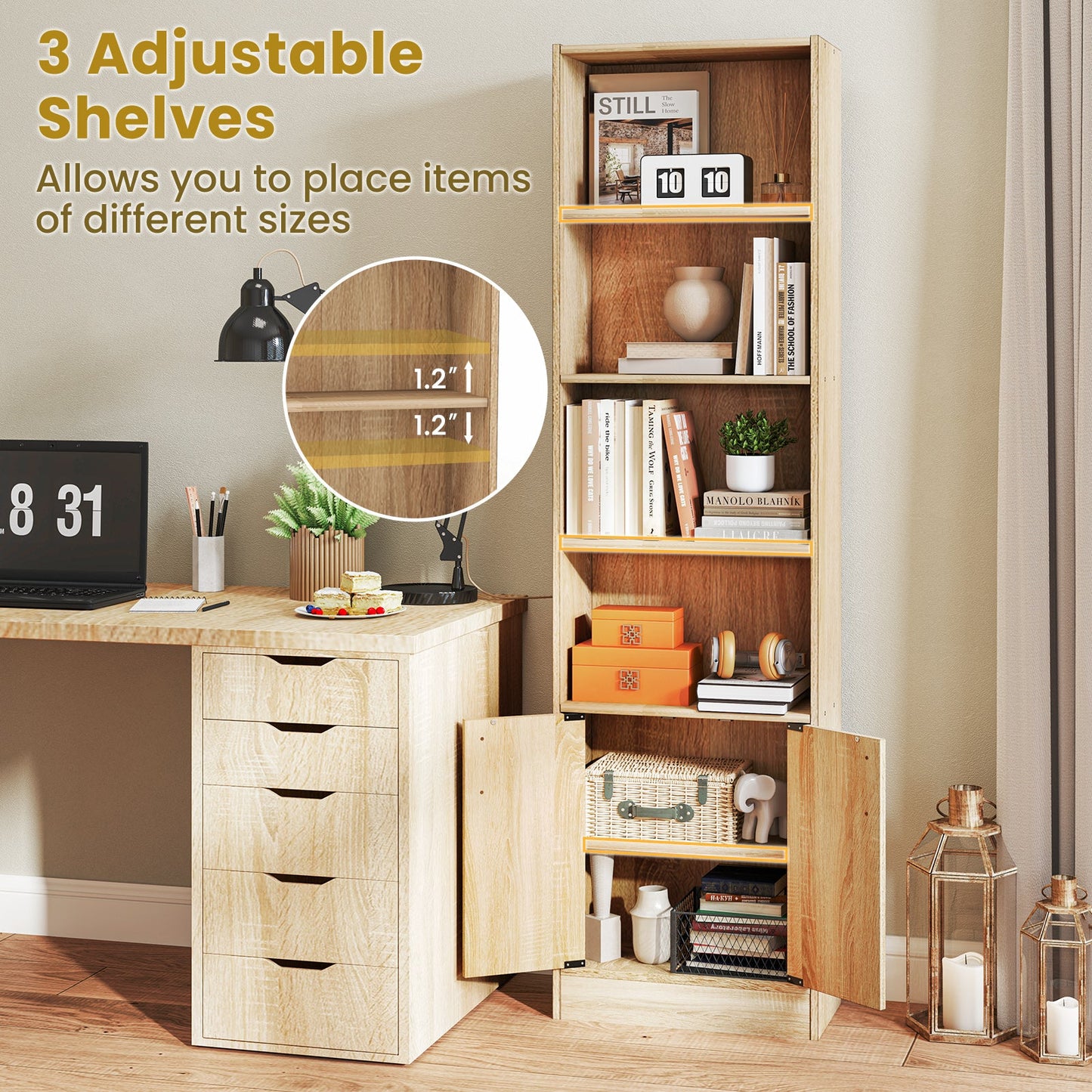 71 Inch 6-Tier Tall Bookshelf with Double Doors 4 Open Cubes-Oak