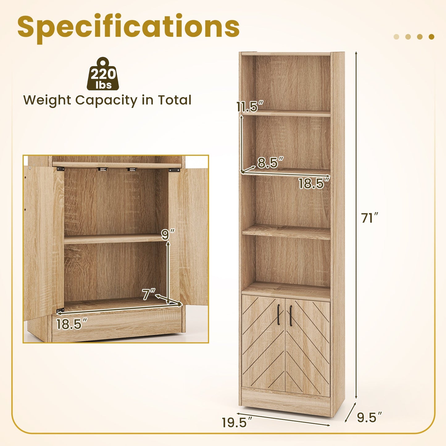 71 Inch 6-Tier Tall Bookshelf with Double Doors 4 Open Cubes-Oak