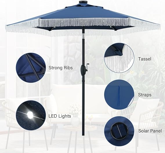 Ainfox 7.5ft Boho Fringe Patio Umbrella with Solar LED Lights, UV Protected Outdoor Umbrella